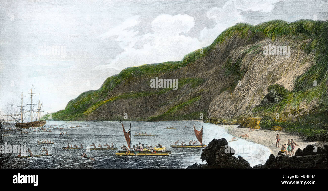 Le capitaine James Cook avec ses navires dans la baie de Kealakekua dans les îles Sandwich où il a été tué par des indigènes en 1779. Demi-teinte de couleur à la main Banque D'Images