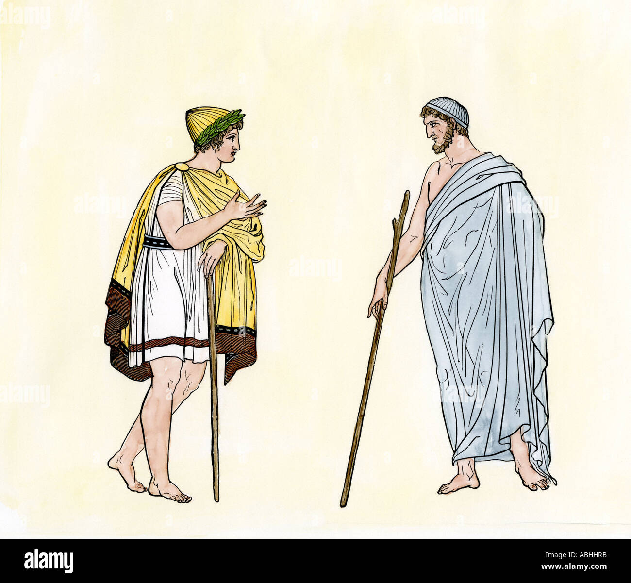 Les Athéniens la conversation d'une scène de l'ancienne Grèce 400s BC. À la main, gravure sur bois Banque D'Images