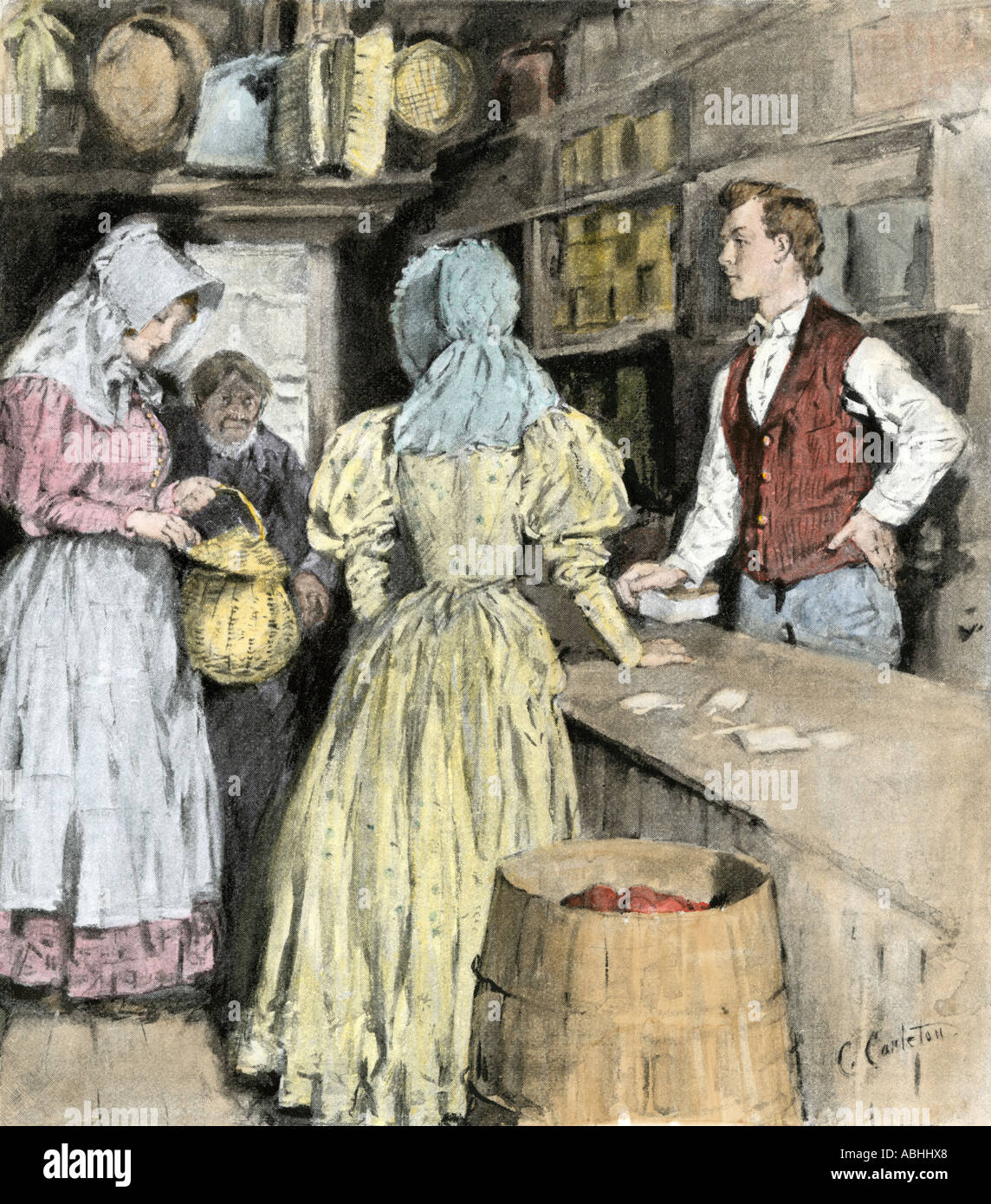 Boy un panier d'œufs de vendre à un magasin des années 1800. La main, d'une illustration de demi-teinte Banque D'Images