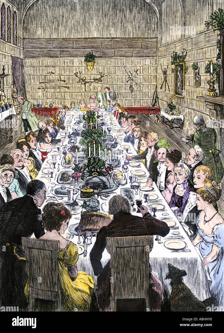 Fête de Noël dans un hall baronnial. À la main, gravure sur bois Banque D'Images