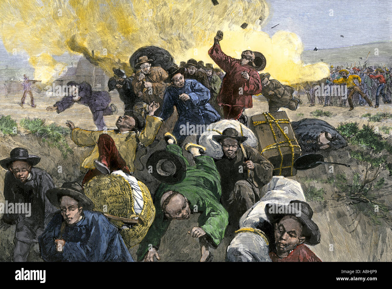 Le massacre d'immigrants chinois à Rock Springs dans le Wyoming en 1885. À la main, gravure sur bois Banque D'Images