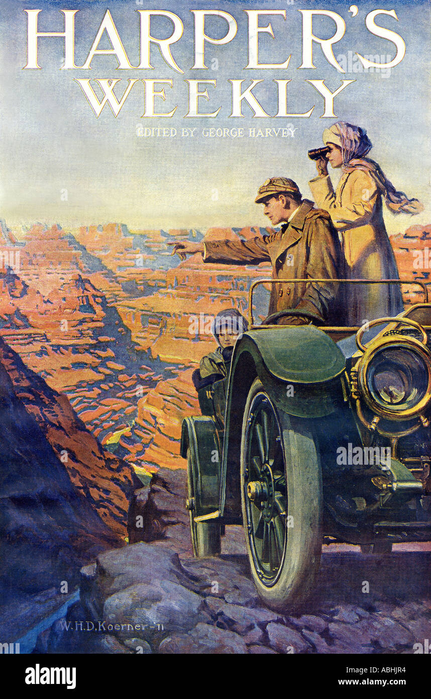 Les touristes dans une automobile visiter le Grand Canyon 1911 Harpers Weekly couvrir Question automobile. Lithographie couleur Banque D'Images