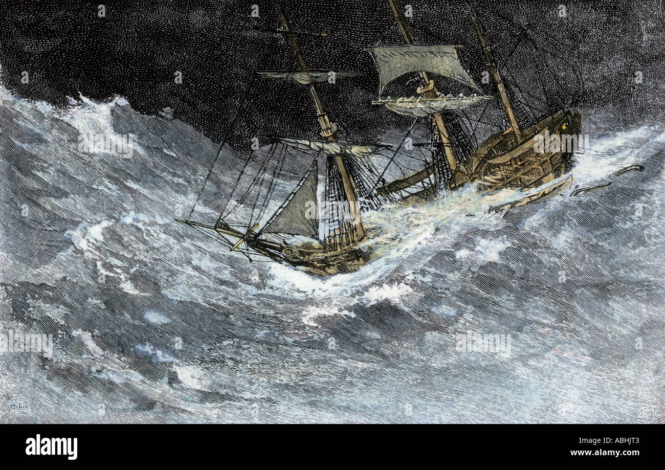 Voile de navire aux prises avec une mer. À la main, gravure sur bois Banque D'Images