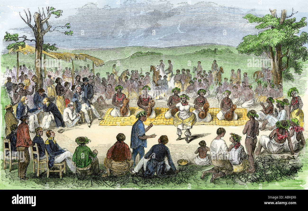 Native dance dans les îles Sandwich avec des marins américains dans l'auditoire Hawaii 1850. À la main, gravure sur bois Banque D'Images