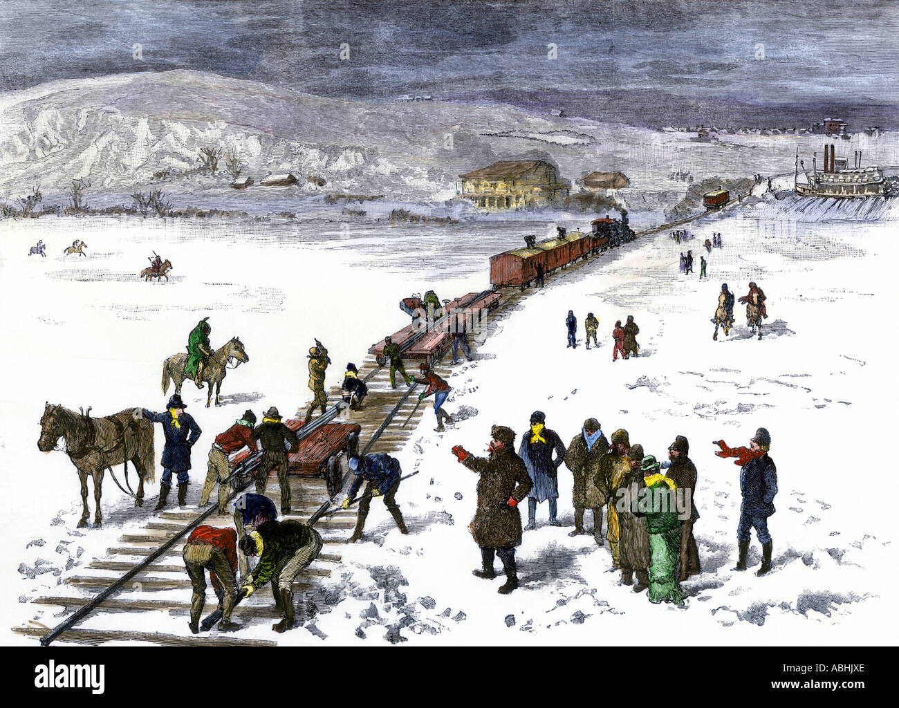 Fixant Northern Pacific Railroad track en hiver dans la rivière Missouri à Bismarck au Dakota du Nord en 1879. À la main, gravure sur bois Banque D'Images