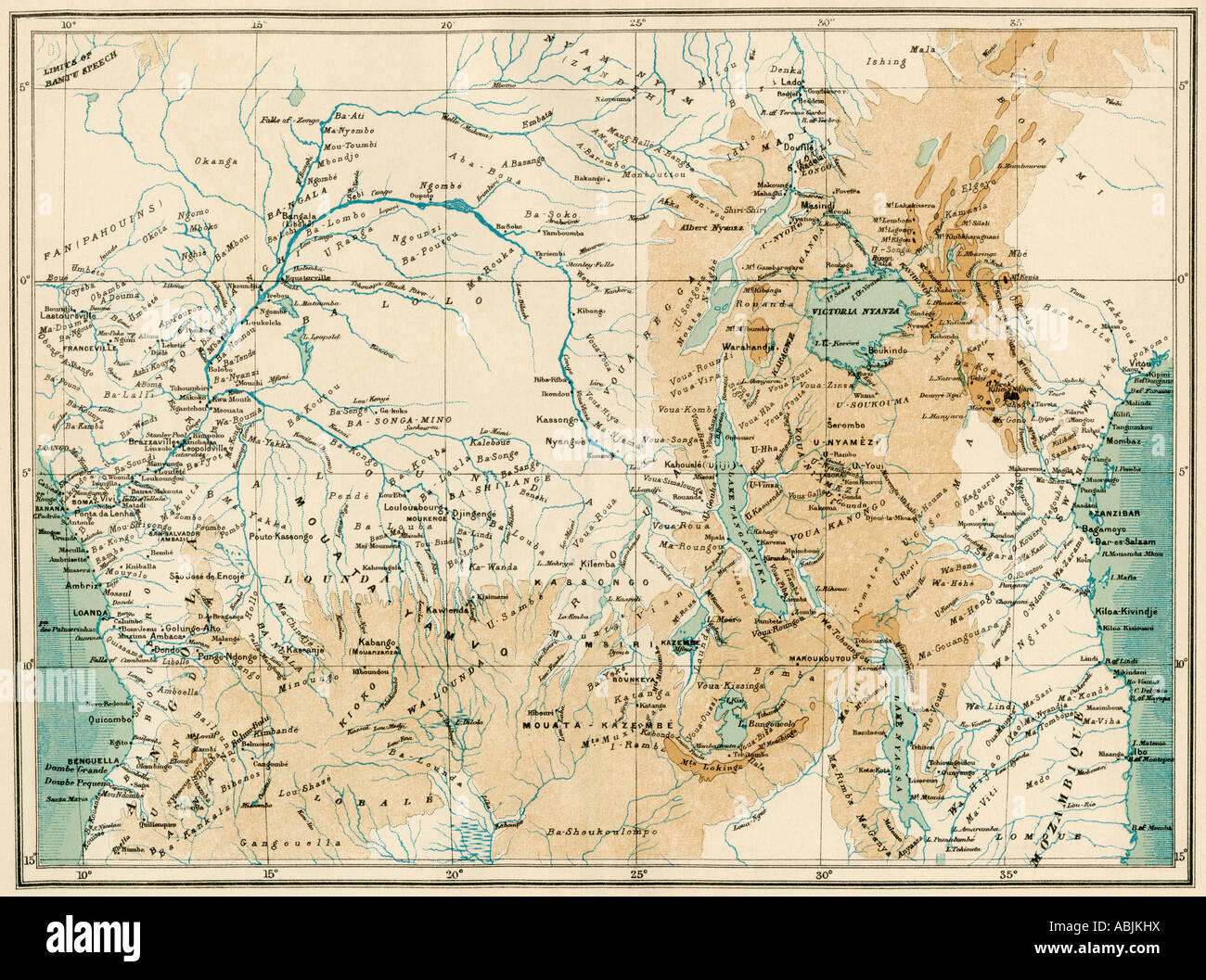 La carte de l'Afrique équatoriale comme connu dans les années 1870. Lithographie couleur Banque D'Images