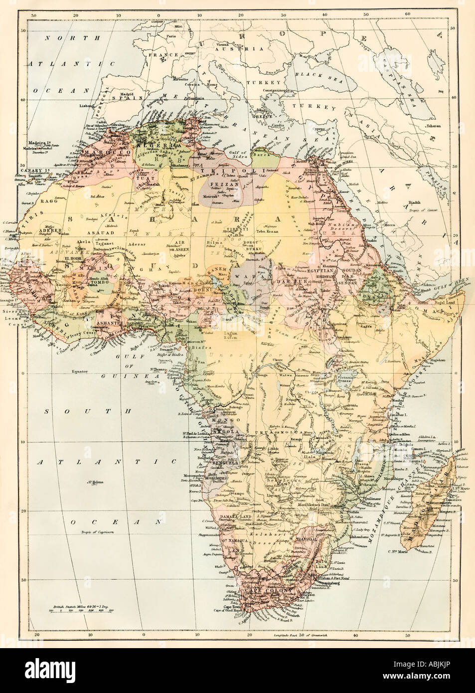Carte de l'Afrique dans les années 1870. Lithographie couleur Banque D'Images Carte de l'Afrique dans les années 1870. Lithographie couleur Banque D'Images