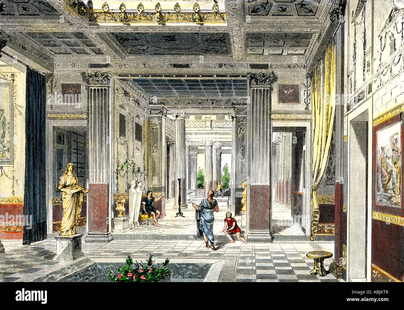 Maison romaine vue de l'atrium à travers le tablinuminto du péristyle et un jardin. À la main, gravure sur bois Banque D'Images
