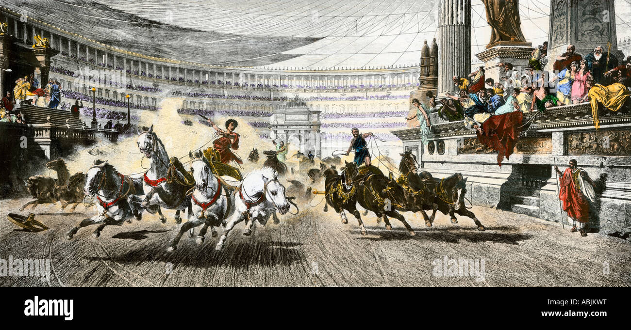 Course de chars dans le Circus Maximus de Rome. À la main, gravure sur bois Banque D'Images