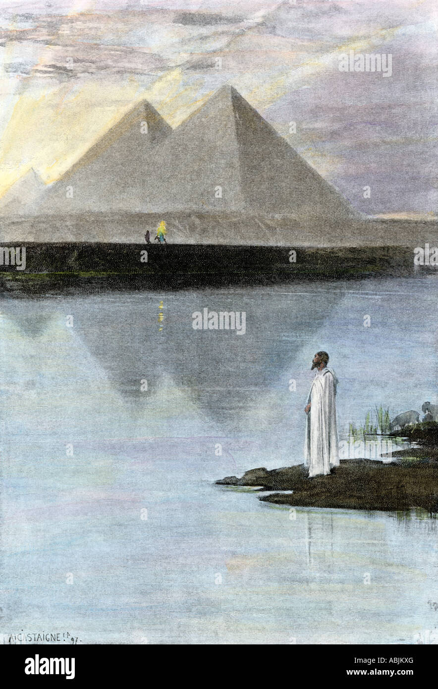Les grandes pyramides sur les rives du Nil. La main, d'une illustration de demi-teinte Banque D'Images