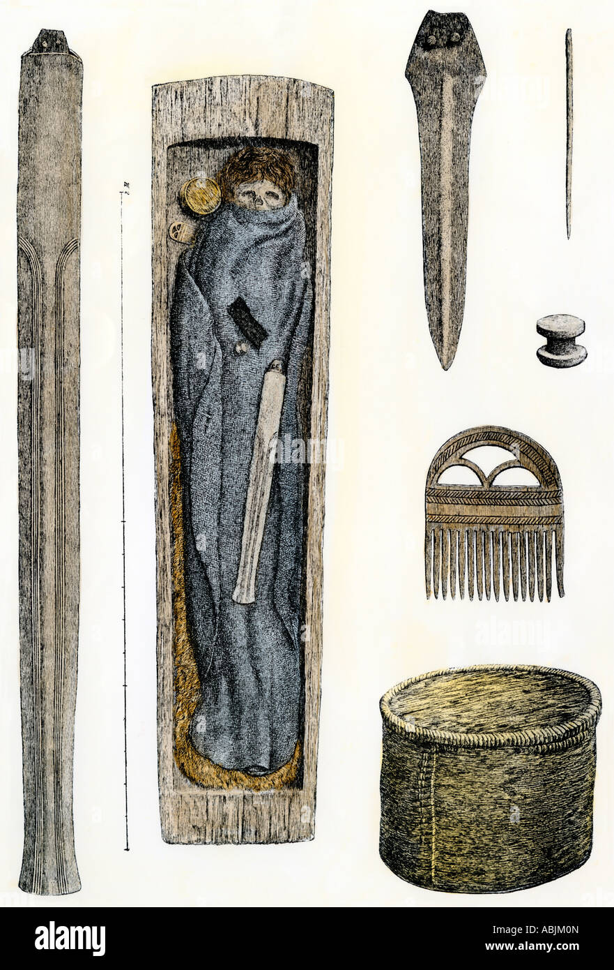 Artefacts funéraires préhistoriques trouvés dans le Jutland. À la main, gravure sur bois Banque D'Images