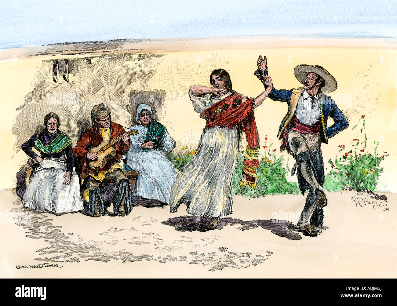 L'Espagnol Les Californiens ou mexicains danser le fandango des années 1800. À la main, gravure sur bois Banque D'Images