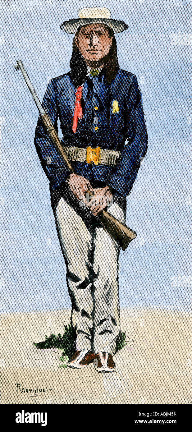 Les Arapaho scout pour la Cavalerie US des années 1800. La main, d'une demi-teinte Frederic Remington illustration Banque D'Images