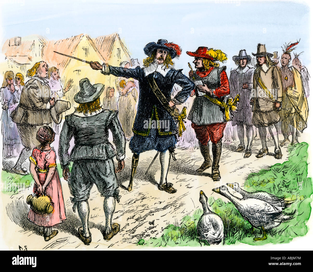 Peter Stuyvesant visiter Fort Orange à New Netherland 1648. À la main, gravure sur bois Banque D'Images