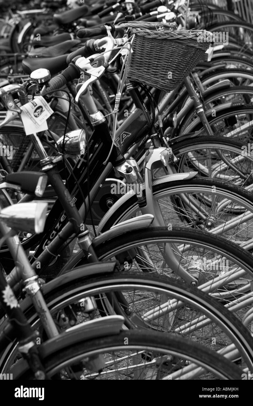 Prêt de vélos garés près de Leiden CS en noir et blanc Banque D'Images