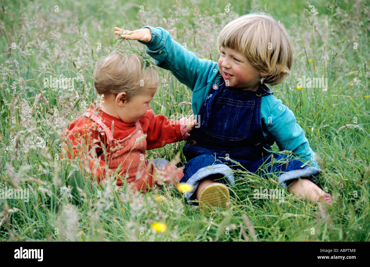 Frères et enfants - enfant assis dans l'herbe d'un champ Banque D'Images