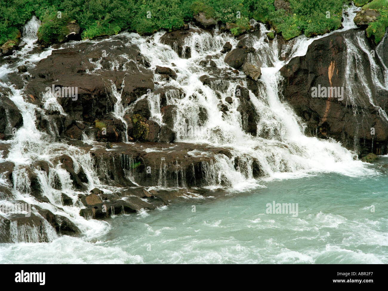 Chutes d'eau de Hraunfossar sur pierres de lave, Borgarfjorour, Islande Banque D'Images