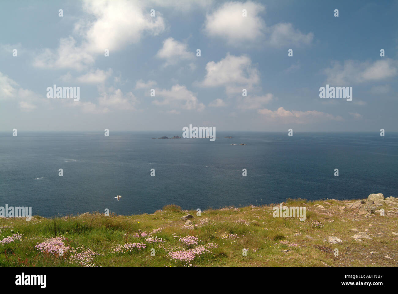 Vue vers les îles rocheuses et phare de Drakkars Lands End Cornwall England Royaume-Uni UK Banque D'Images