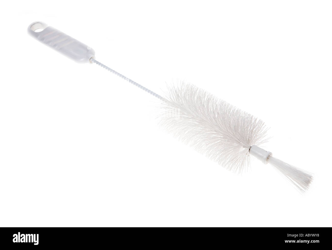 Brosse à bouteille en plastique blanc sur fond blanc Banque D'Images