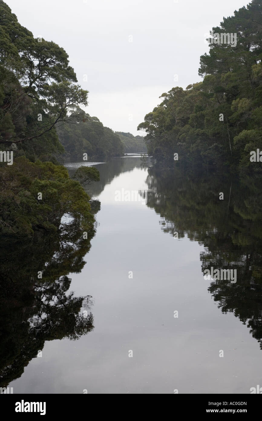 Le Mersey fait son chemin à travers la forêt pluviale tempérée sur la route de Strahan dans l'ouest de la Tasmanie Banque D'Images