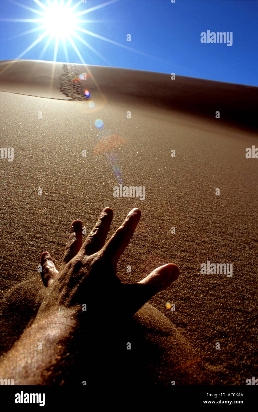 Personne mourir de soif dans le désert sous le chaud soleil de plomb en fait c'est le photographe de jouer dans les Great Sand Banque D'Images