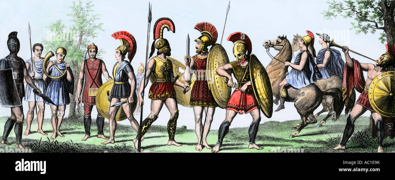 Les soldats de la Grèce antique avec leurs armes. La gravure à la main, Banque D'Images