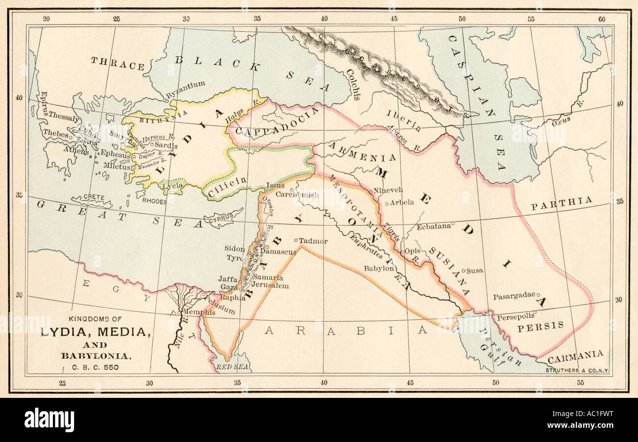 Site de l'ancienne Babylone et des royaumes de Lydia et Medea circa 550 BC. Lithographie couleur Banque D'Images