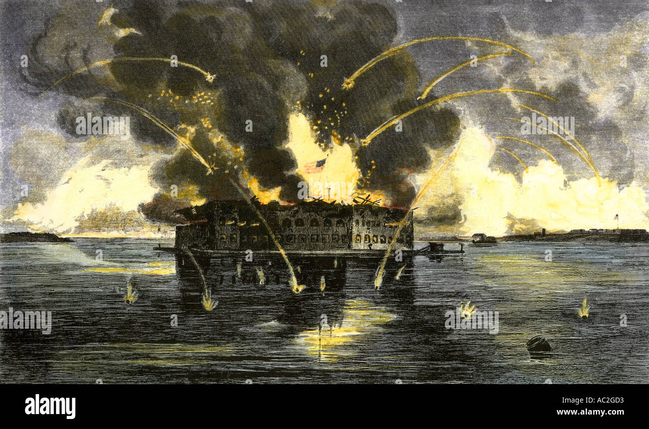 Confederate bombardement de Fort Sumter à partir de la guerre de Sécession en 1861. La gravure à la main, Banque D'Images