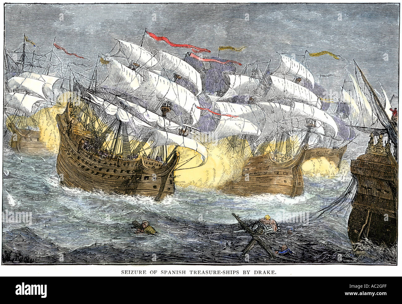La saisie des navires par le trésor espagnol flotte anglaise de Sir Francis Drake. À la main, gravure sur bois Banque D'Images