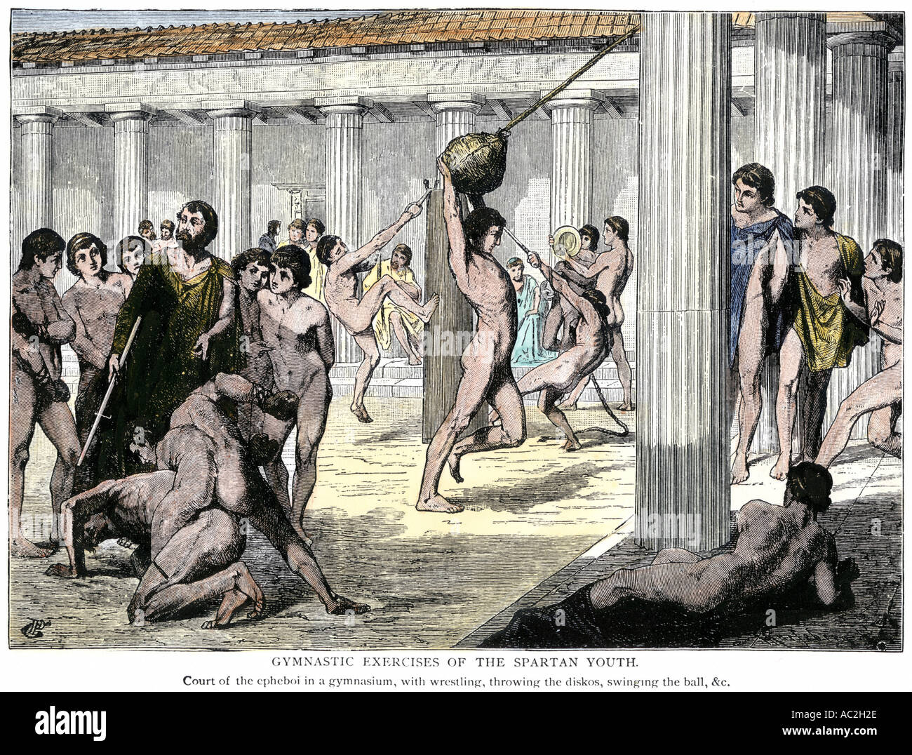 Exercices de gymnastique de Spartan les garçons dans la Grèce antique. À la main, gravure sur bois Banque D'Images