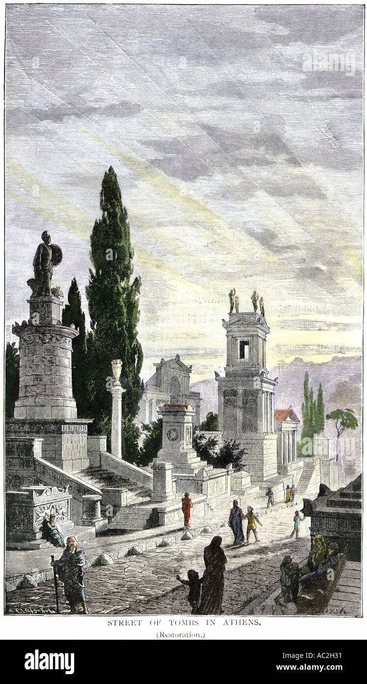 Street de tombes dans l'Athènes antique. À la main, gravure sur bois Banque D'Images