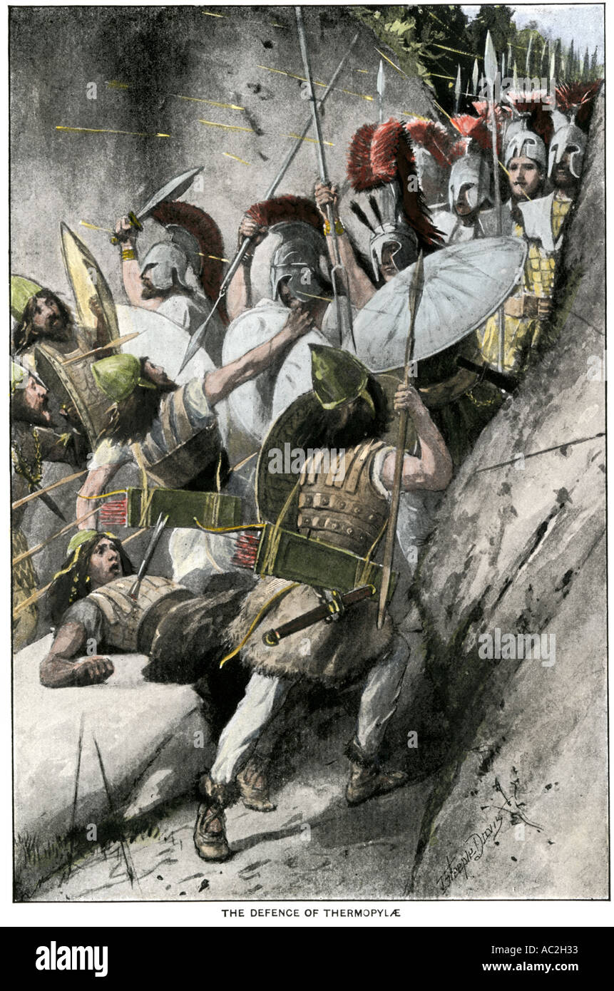 L'armée grecque holding off l'invasion persane au col de Thermopyles 480 BC. La main, d'une illustration de demi-teinte Banque D'Images