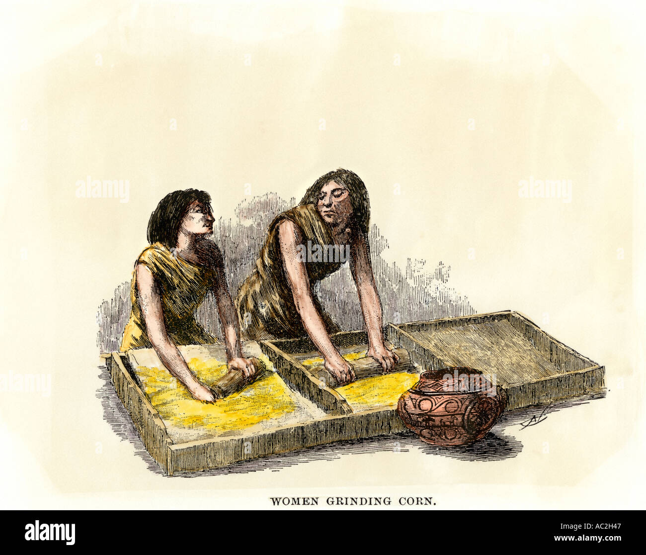 Ancestral Puebloan Anasazi de broyage du maïs maïs femmes entre les pierres. À la main, gravure sur bois Banque D'Images