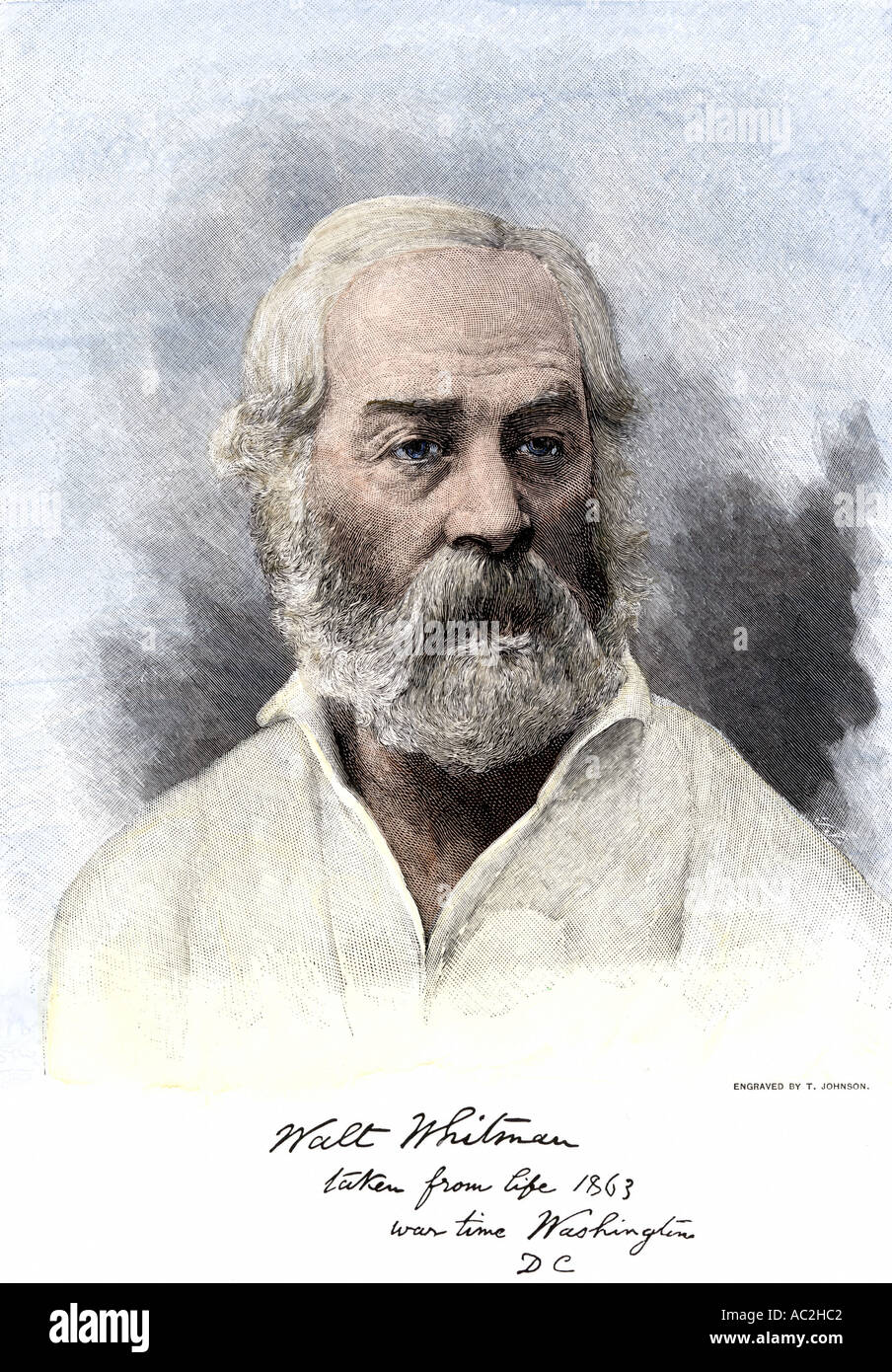 Walt Whitman avec portrait autographe de son temps à Washington DC pendant la Guerre Civile, 1863. À la main, gravure sur bois Banque D'Images