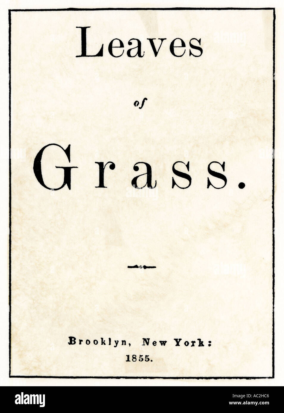 Page de titre de la première édition de feuilles d'Herbe Walt Whitman 1855 par la poésie. Gravure sur bois avec un lavage à l'aquarelle Banque D'Images