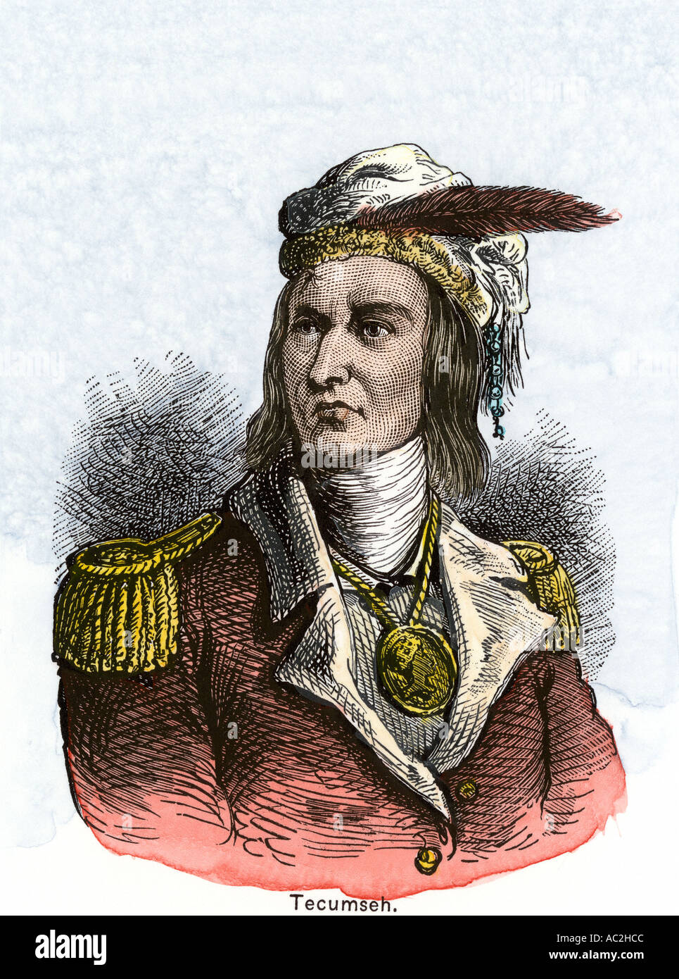 Chef shawnee Tecumseh portrait dans un uniforme britannique. À la main, gravure sur bois Banque D'Images