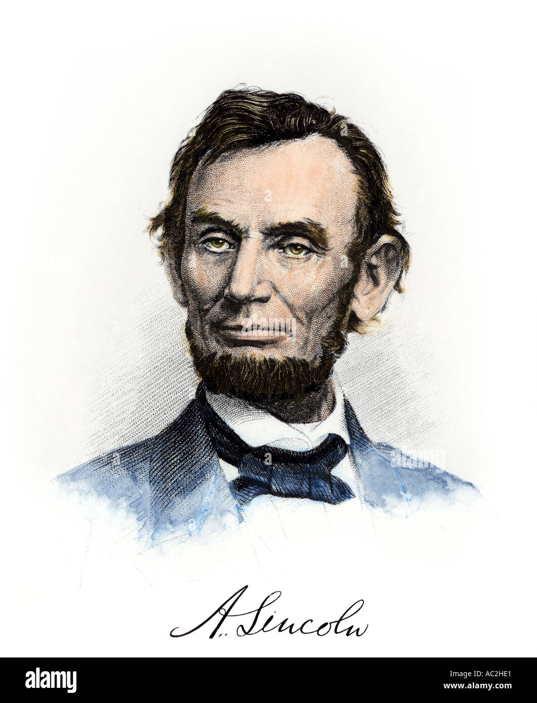 Portrait d'Abraham Lincoln avec autographe. À la main, gravure sur bois Banque D'Images