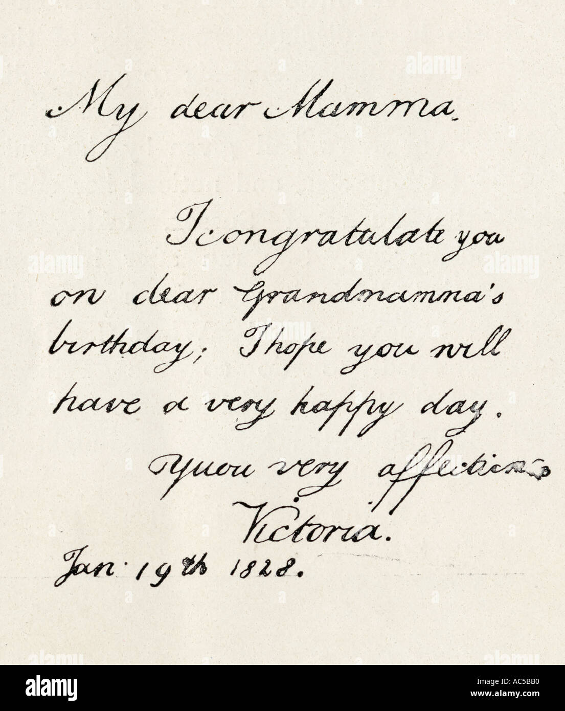 Une lettre écrite par la Princesse Victoria à l'âge de neuf ans à sa mère Banque D'Images
