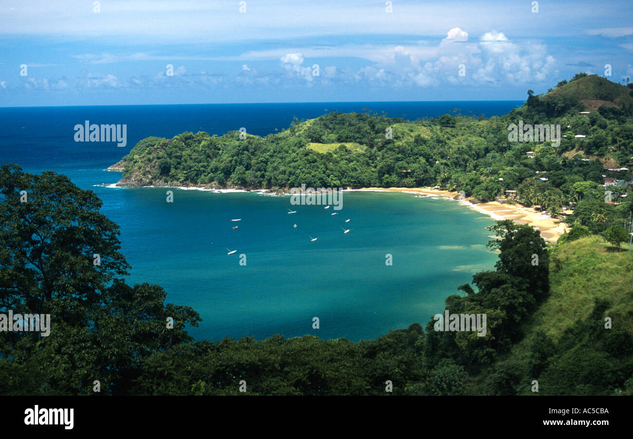 Vue sur la baie de Castara et ses environs collines couvertes d'arbres à partir de la route de la côte nord de Tobago Caraïbes Banque D'Images