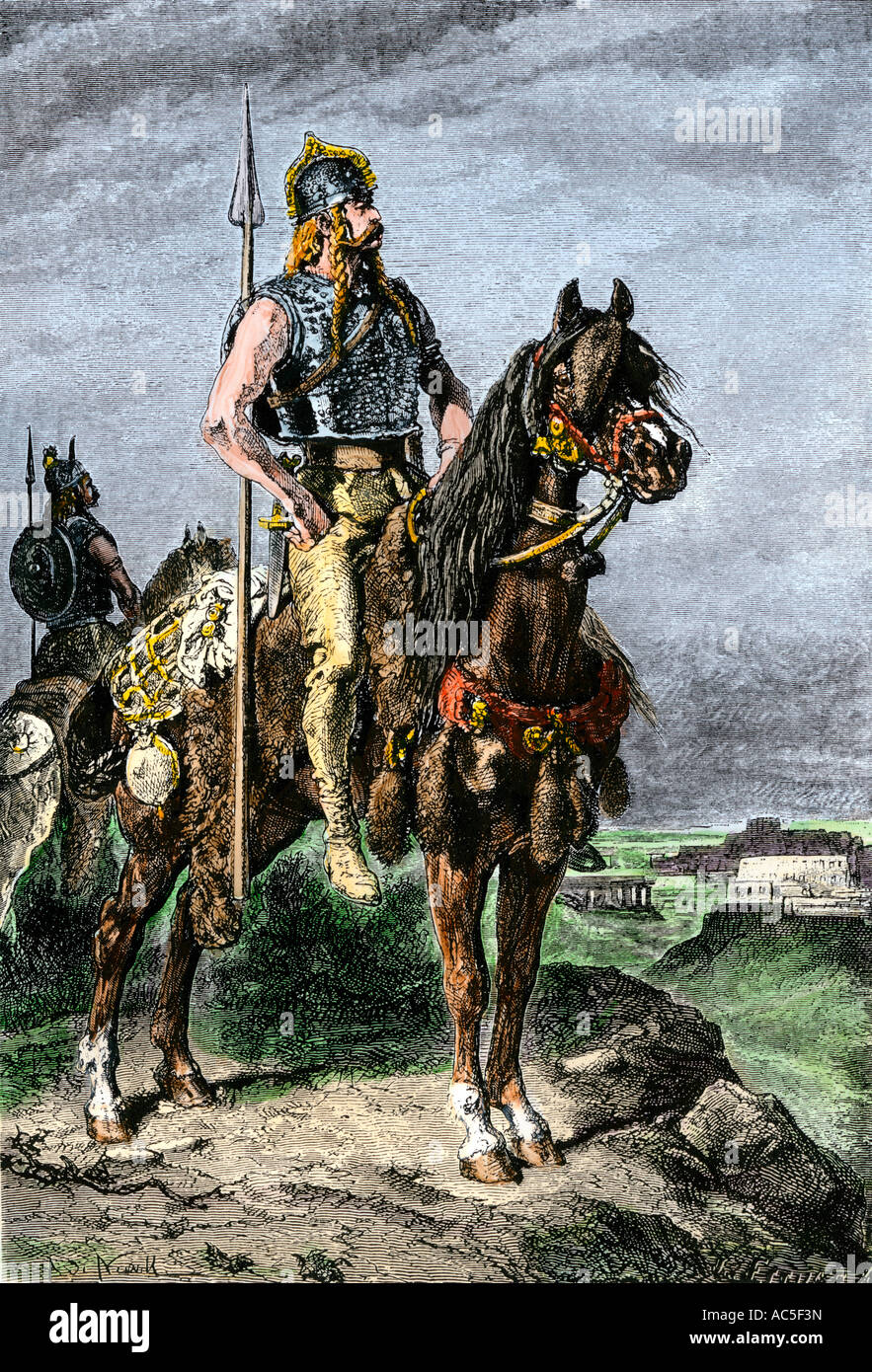 Gaulois à cheval dans l'ancien Empire Romain. À la main, gravure sur bois Banque D'Images Gaulois à cheval dans l'ancien Empire Romain. À la main, gravure sur bois Banque D'Images