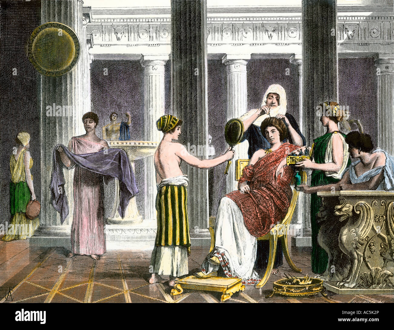 Dame romaine être habillé et toiletté par ses serviteurs. À la main, gravure sur bois Banque D'Images