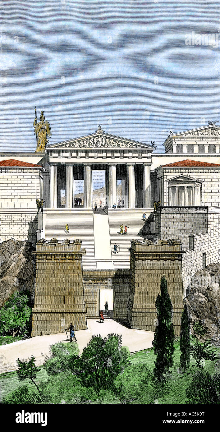 Propylaia l'entrée de l'Acropole comme elle est apparue dans la Grèce antique. À la main, gravure sur bois Banque D'Images