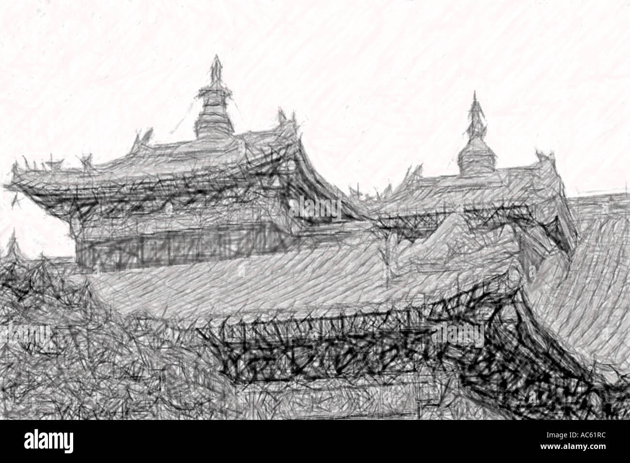 Lama Temple rendu comme un croquis ou dessin Banque D'Images
