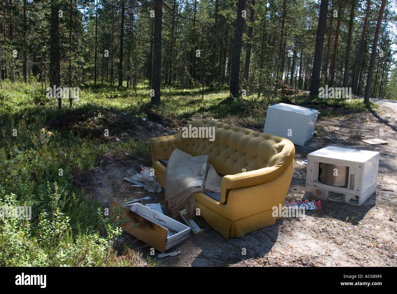 Corbeille illégale du site d'immersion dans la forêt , Finlande Banque D'Images