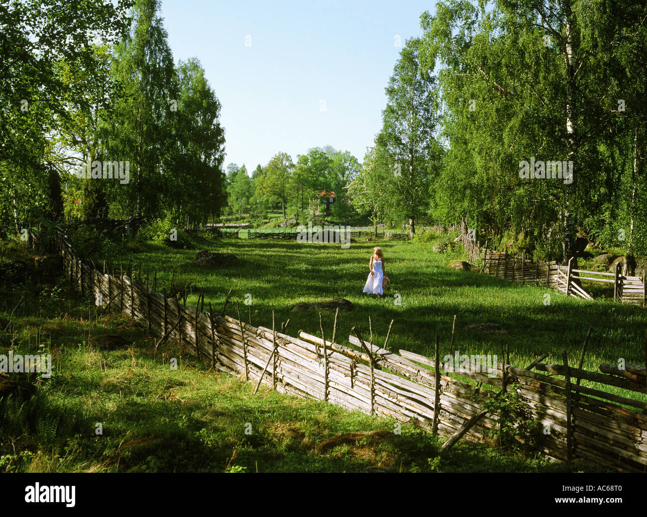 Femme blonde en robe blanche à travers les terres agricoles en province de Småland en Suède Banque D'Images