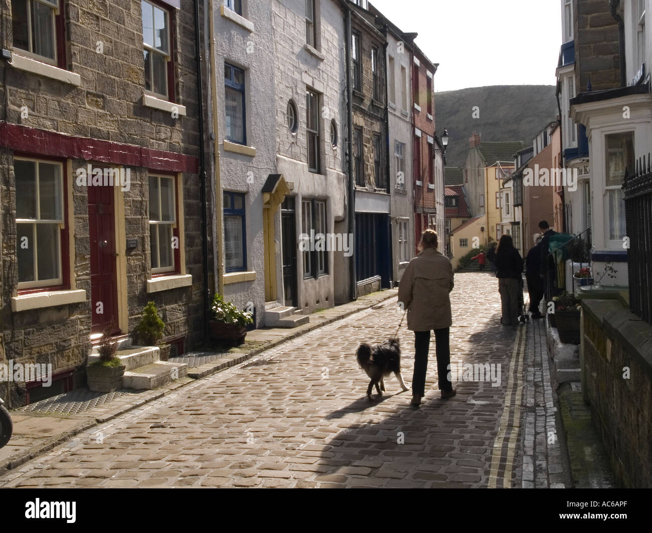 Une femme marche un Colley chien le long de la rue principale dans le village pittoresque de Staithes North Yorkshire UK Banque D'Images