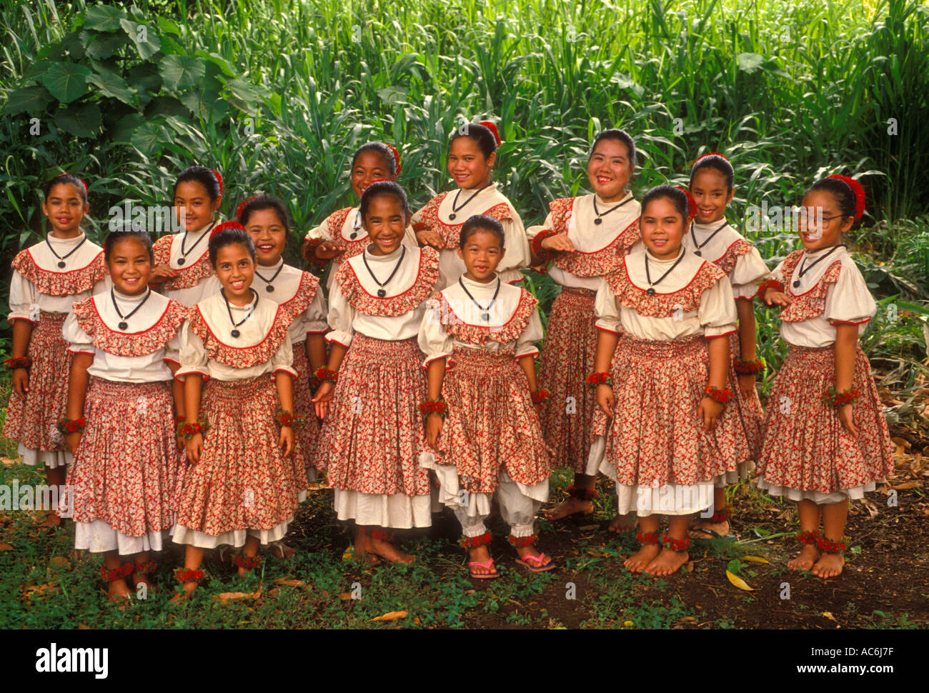 Les Hawaïens, Hawaiian girls, Hawaïen, filles, enfants, danseurs hula Aloha Semaine, Plantation Village, Waipahu, Oahu, Hawaii Banque D'Images