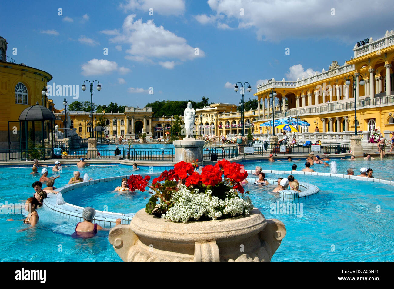 Les gens se baigner dans la piscine en plein air Piscine médicinales des anciennes thermes Szechenyi spa situé dans le parc de la ville à Budapest Hongrie Banque D'Images