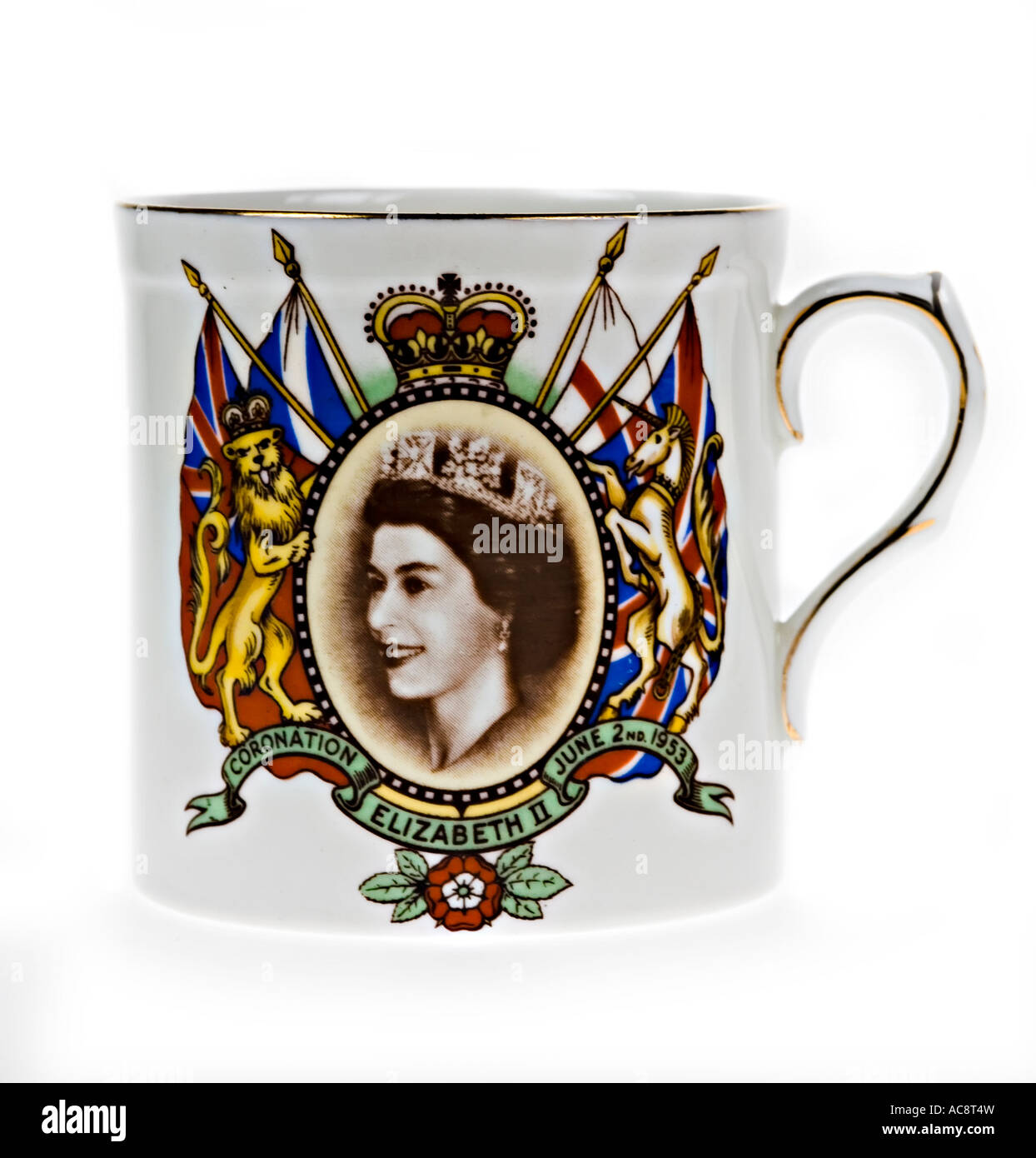 Tasse mug chine coronation commémoratifs La reine Elizabeth II 1953 UK Banque D'Images