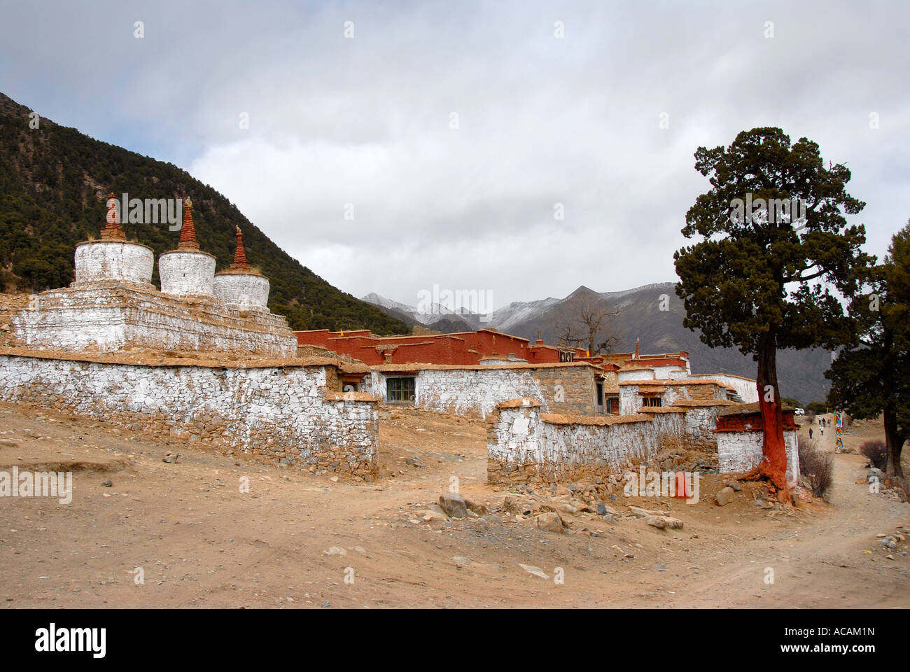 Le bouddhisme tibétain le monastère de Réting stupas blancs Tibet Chine Banque D'Images